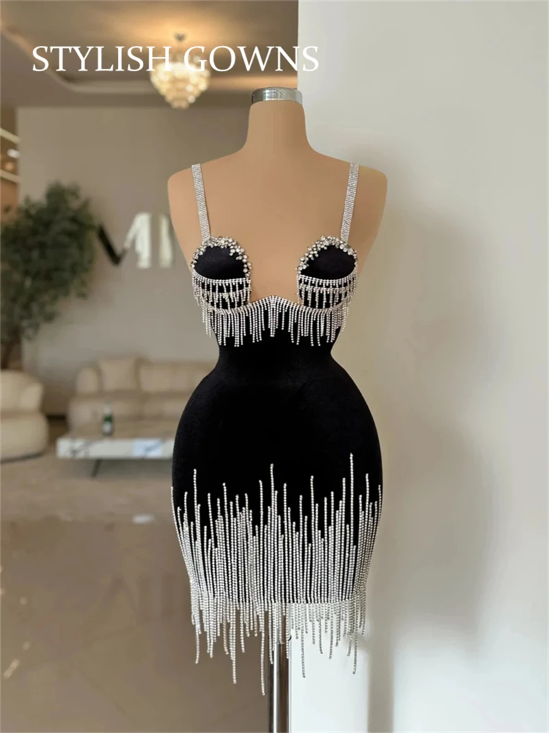 

Black Bead Prom Dresses Short Sexy Tassel Sweetheart Mini Cocktail Gowns Mermaid Birthday Party Dress Homecoming Customized