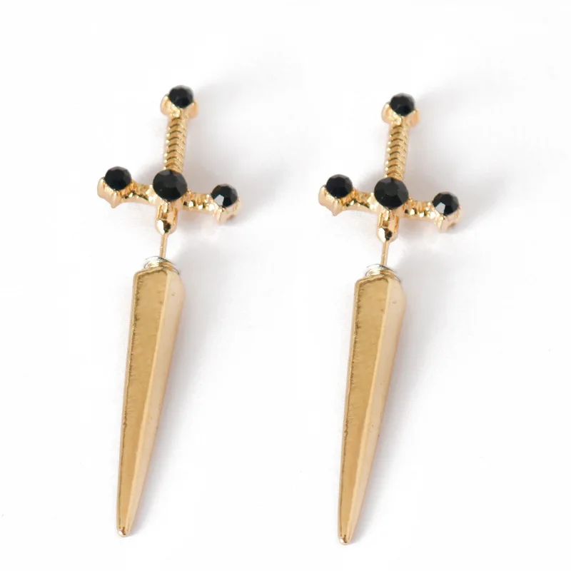남성용 고딕 소드 귀걸이, 블랙 크리스탈 스터드 귀걸이, 힙합 파티 귀 쥬얼리