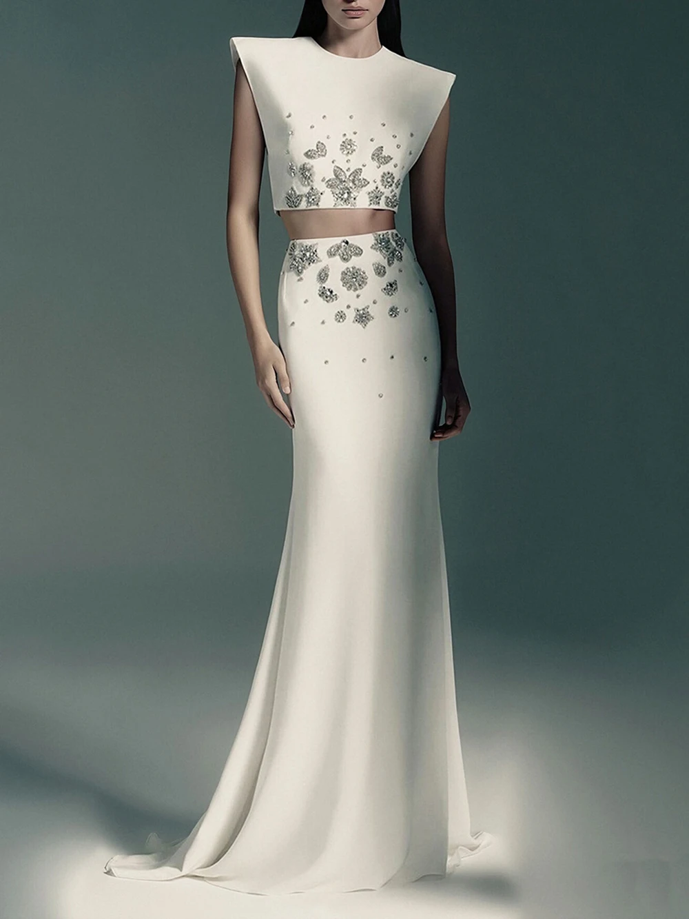 Modphy White Luxury Diamond Mermaid Skirt Two Piece Set Formal Gowns Elegant Women'S Sleeveless Crop Top + Long Skirt Outfit