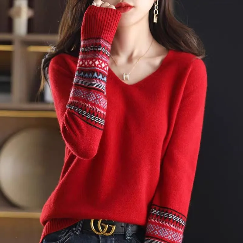 

Осень-зима, новые лоскутные свитера с v-образным вырезом и длинными рукавами, женская одежда, повседневные свободные универсальные вязаные пуловеры, женские элегантные топы
