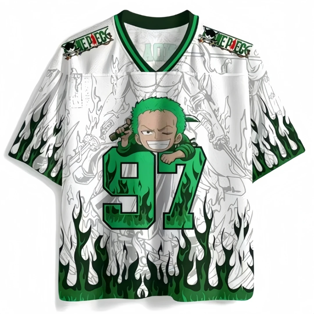 One Piece White Green Flame V-neck Breathable Mesh Anime Q-Version Solon Number 97 Pattern Sports and Leisure Loose T-shirt