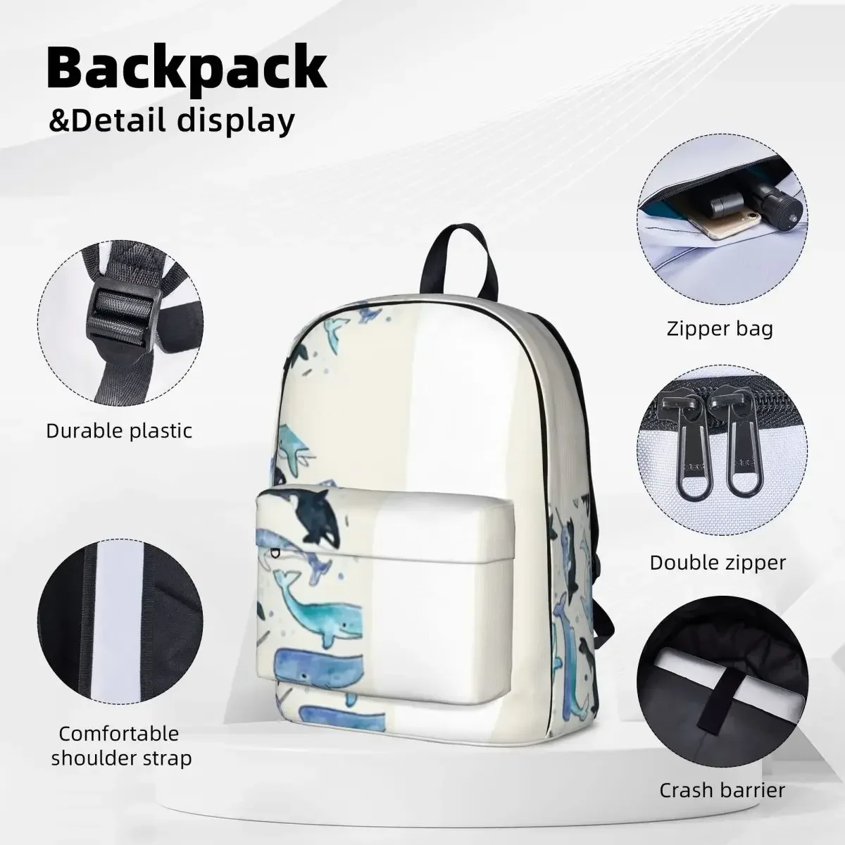 Whales, Orcas And Narwhals Backpacks Boys Girls Bookbag Waterproof Students School Bags Portability Travel Rucksack Shoulder Bag