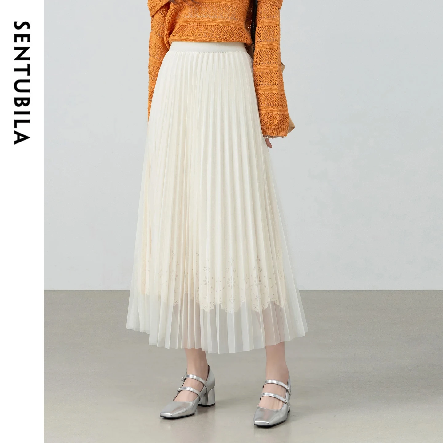 

Женская плиссированная юбка А-силуэта SENTUBILA, новинка весны 2026, с вышивкой и вырезами, многослойная, из фатина, на эластичной талии, свободная, миди, W61QB6362