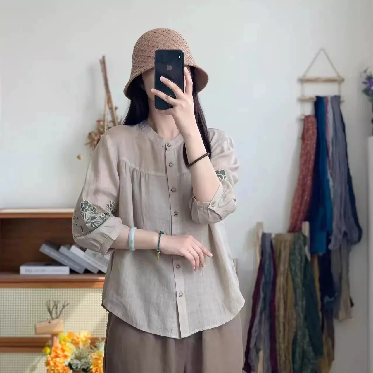 Été lourd broderie coton lin irt ventre ample couvrant sept quarts Sve dames Faion simple bouton mince irt