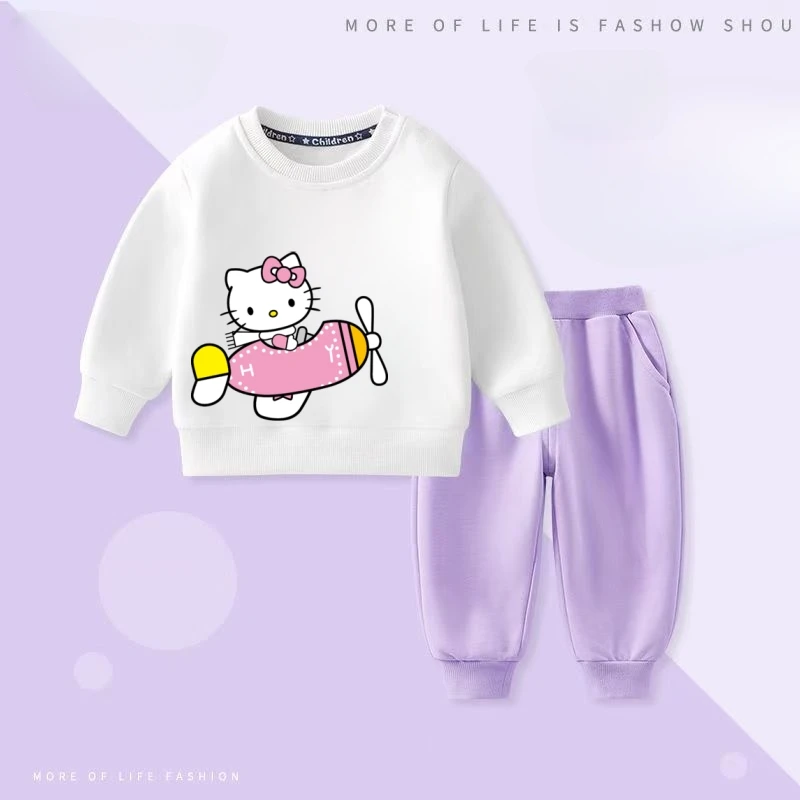 

Sanrio, осенний комплект одежды для маленьких девочек, детские толстовки с мультяшным принтом «Hello Kitty», пуловер, топ и штаны, костюм из 2 предметов, детская одежда