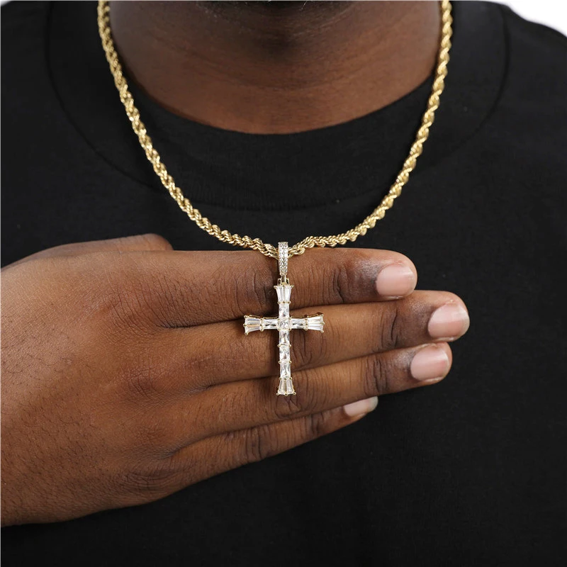 

Iced Out Baguette Stone Cross Pendant Silver Gold Plated Cubic Zircon Pendant Fashion Hip Hop Jewelry For Mens