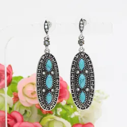 Sunspicems Vintage Turkish Women Drop Earrings Artificial turquoise Bohemia Long Earring Antique Silver Color Nepalese Jewelry
