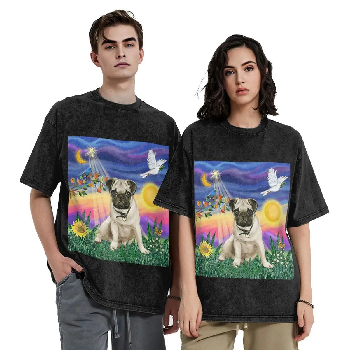 Twilight With A Pug Hip Hop Short Sleeve T-Shirts Washed Tops Tees Streetwear T Shirt Casual for Men Women