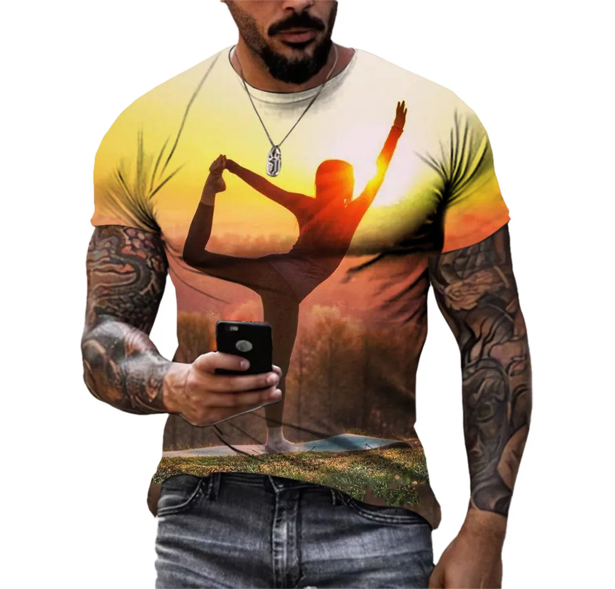 3d High-Definition Quiet Yoga T-Shirt Men'S Large Silhouette Short Sleeve Casual Fashion Trend Street Crewneck Comfortable Shirt