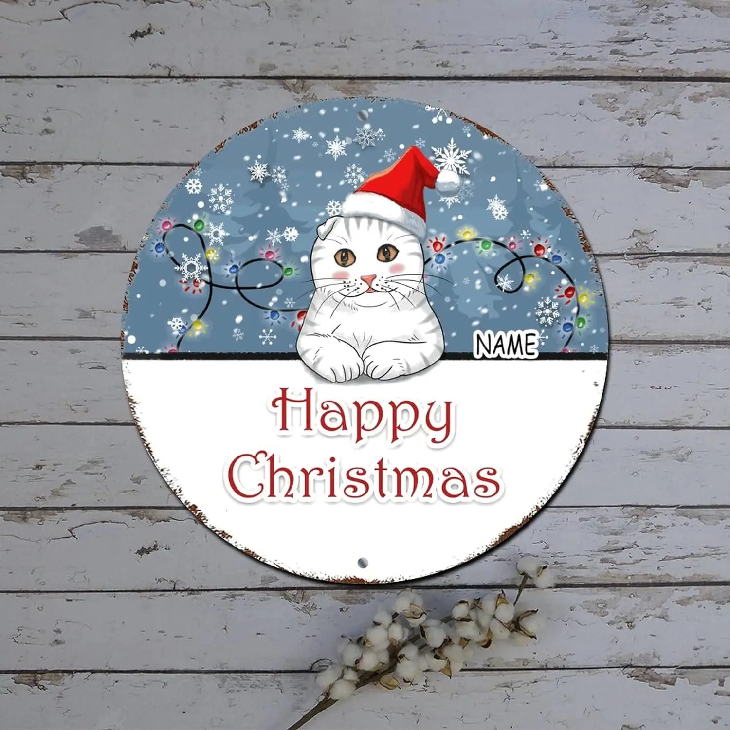 Christmas Wreath Signs Custom Cat Name Winter Snow Scene Round Metal Tin Sign Christmas Door Decorations Indoor Distressed Styli