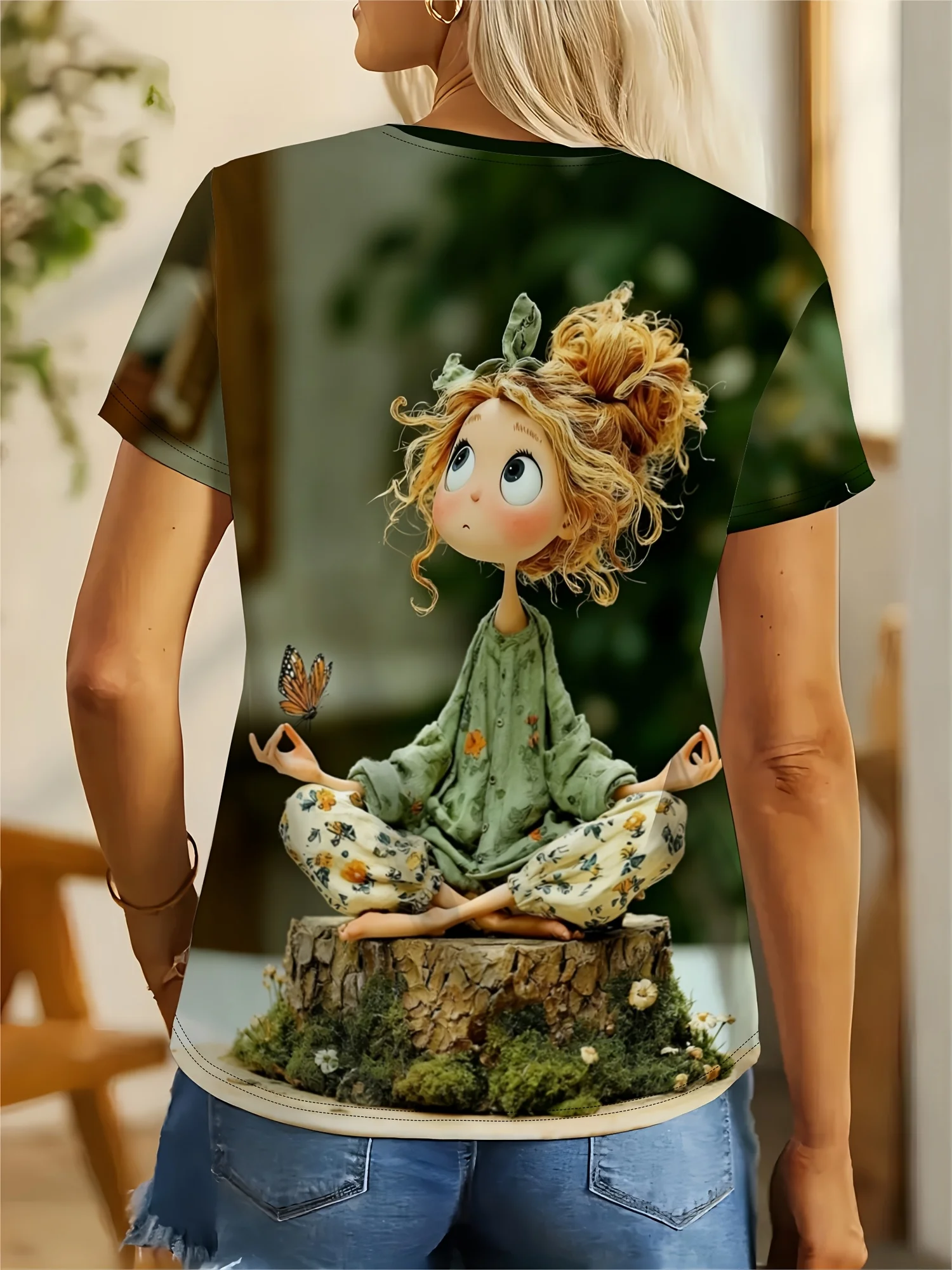 Women Crew Neck Short Sleeve T‑Shirt, Cartoon Girl Meditation Yoga Butterfly Forest Art Graphic Tee