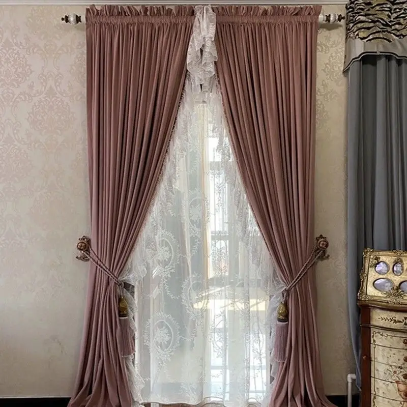 

Custom Noble French American bedroom dirty pink thick velvet blackout cloth blackout curtain tulle drape C1884