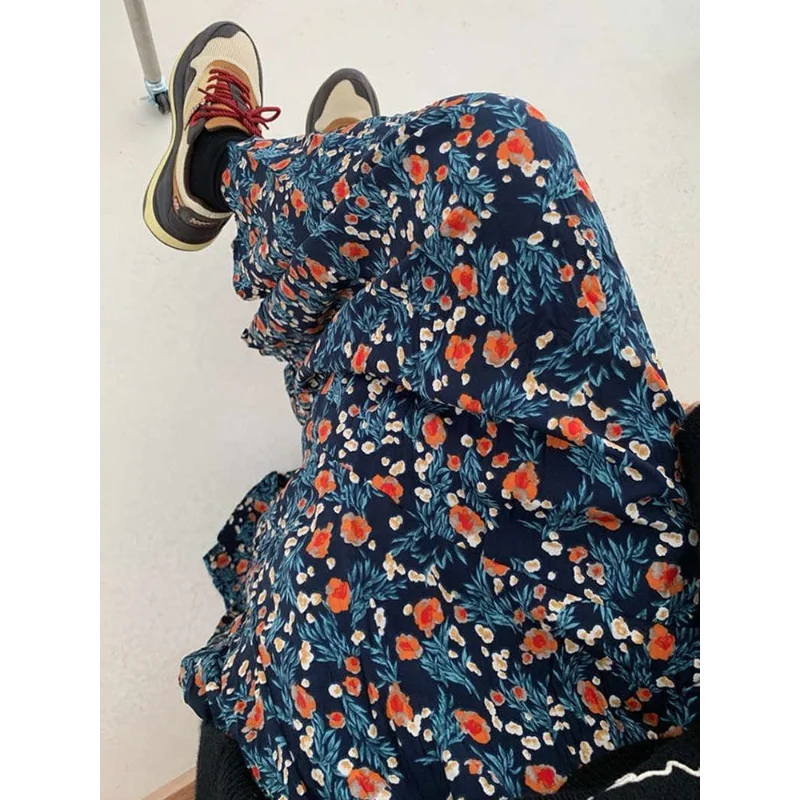 Jupe mi-longue à fleurs bleues pour femmes au printemps et en été, taille haute, élastique et polyvalente, amincissante et mi-longue