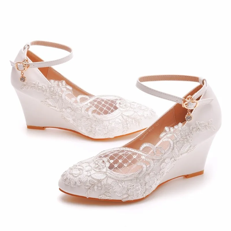 Woman Pumps Brand Design Lady Round Toe Lace Buckle Strap PU 8CM Wedges Lady Wedding Korean Style Women Shoes White