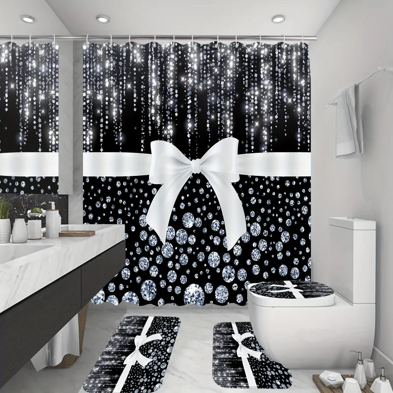 1/4PCs diamonds luxury black set, watercolor shower curtain with 12 hooks, non-slip bathroom rug, toilet U-shape