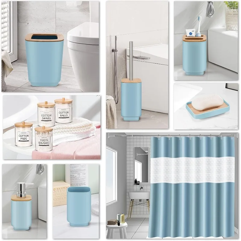 Zubehör-Set, blaues Set, 24-teiliges Badezimmer-Zubehör-Set mit Duschvorhang, Mülleimer für Zubehör
