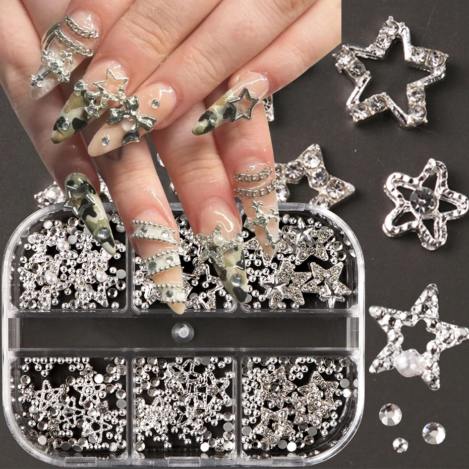 6-Gürtel, goldene, silbrige Metallschleife, Knoten und Stern, Nageldekoration, niedliche Schleife, Punk-Stern mit kleinem Stahlkugel-Design, DIY-Nageldekoration – Detail 2