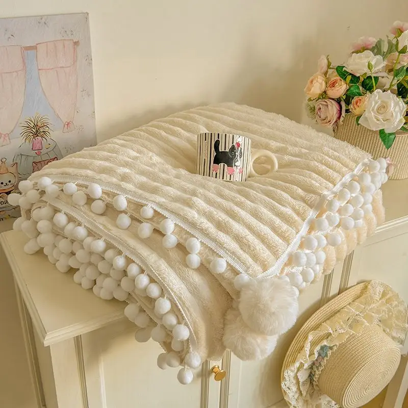 Cream Striped Plush Throw Blanket Soft Fuzzy Flannel With White Pom Poms Cozy Warm For Bed Sofa Couch Office Travel Adults Kids