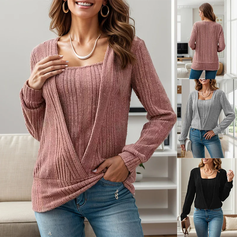 

Faionable Knitted Long Sve Fake Two-Piece Top for Women Casual Sle Color Polyester Autumn Season Ciwalk Suitable