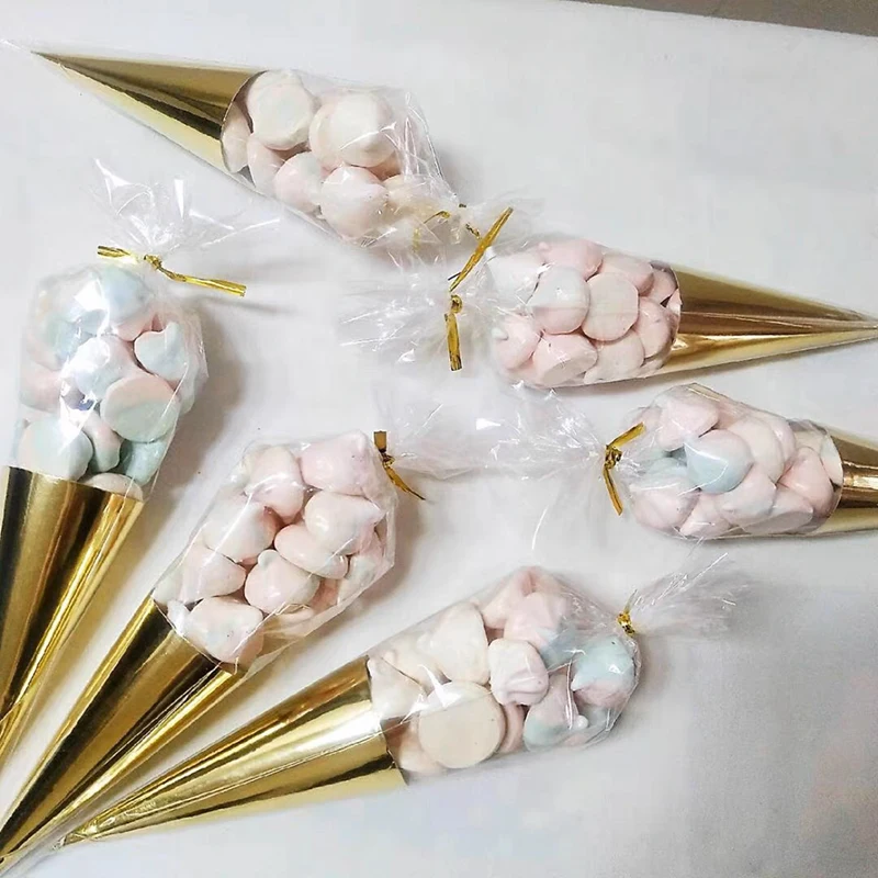 50PCS Transparent Plastic Candy Bags Triangle Snack Bag Popcorn Cookie Packaging Bag Wedding Birthday Baby Shower Christmas