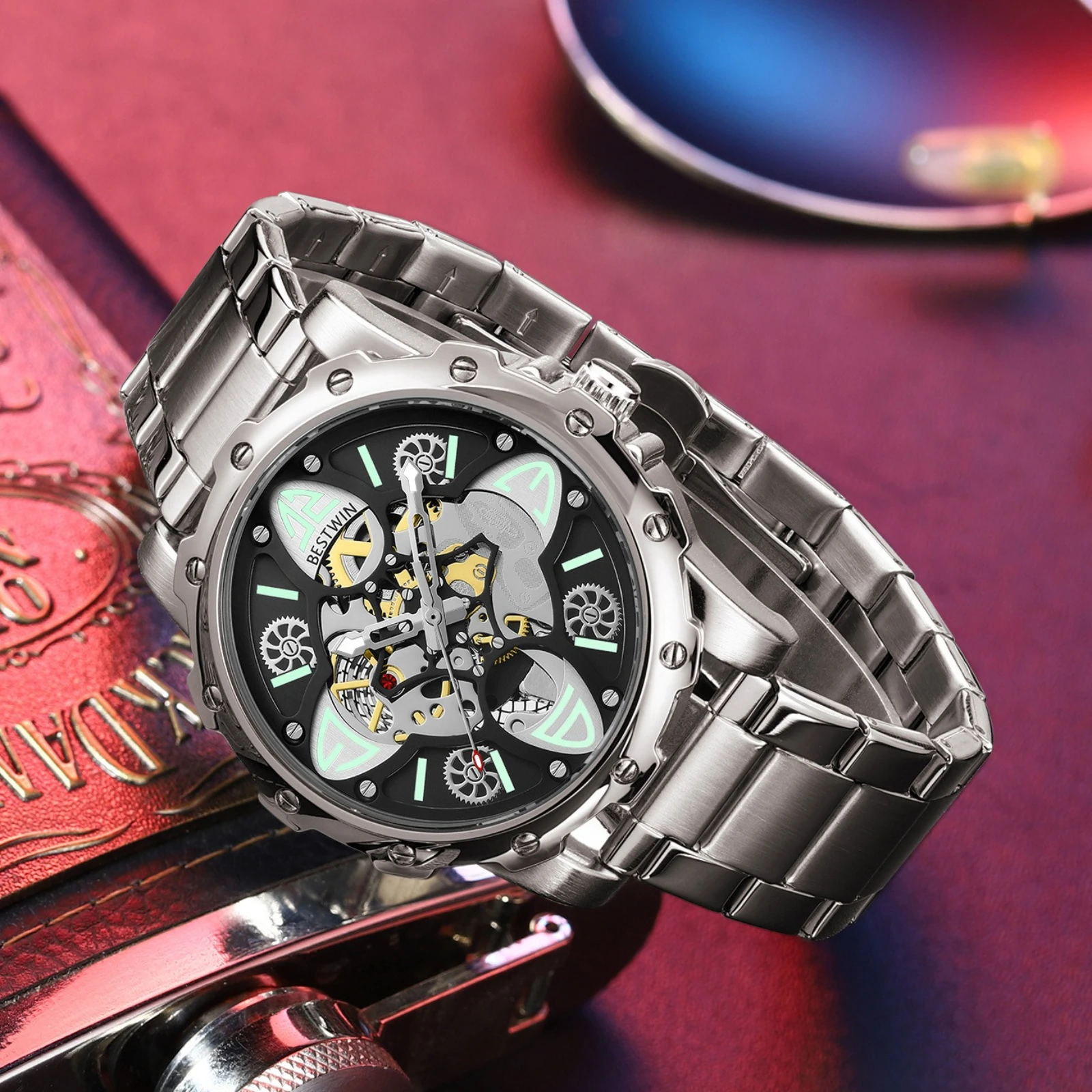 BESTWIN 203 ساعة رجالي منظور أسفل بوش مفتوحة قطع غير ميكانيكية متعددة الطبقات مضيئة موضة ساعات كوارتز للرجل