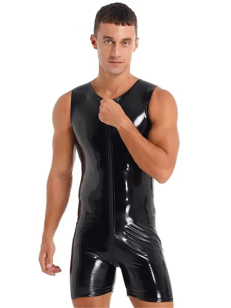 S-7XL Sleeveless Wet Look PVC Playsuits Catsuit Shiny PU Leather Zipper Open Crotch Bodysuit Tight Sexy Hot Shapers Bodybuilding