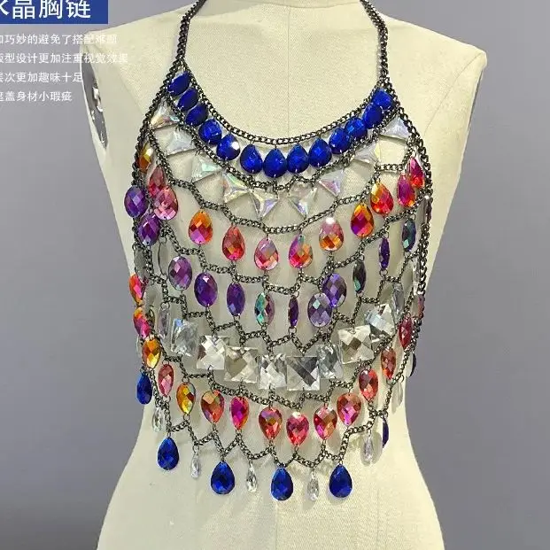 2024Hot selling crystal gem halter halter Spice Girl backless pure hand-made vest online red trend