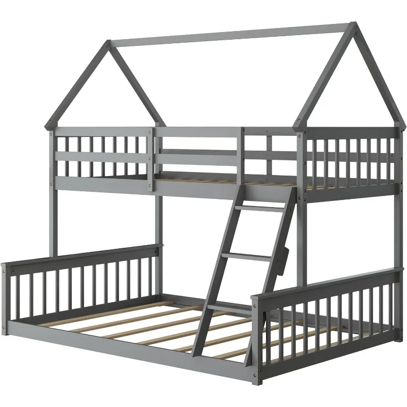 Wood Twin Over Full House Bunk Bed with Built in Ladder, Solid Pine Wood Bunk Bed Frame with Safety Guardrails, House Bunk Bed