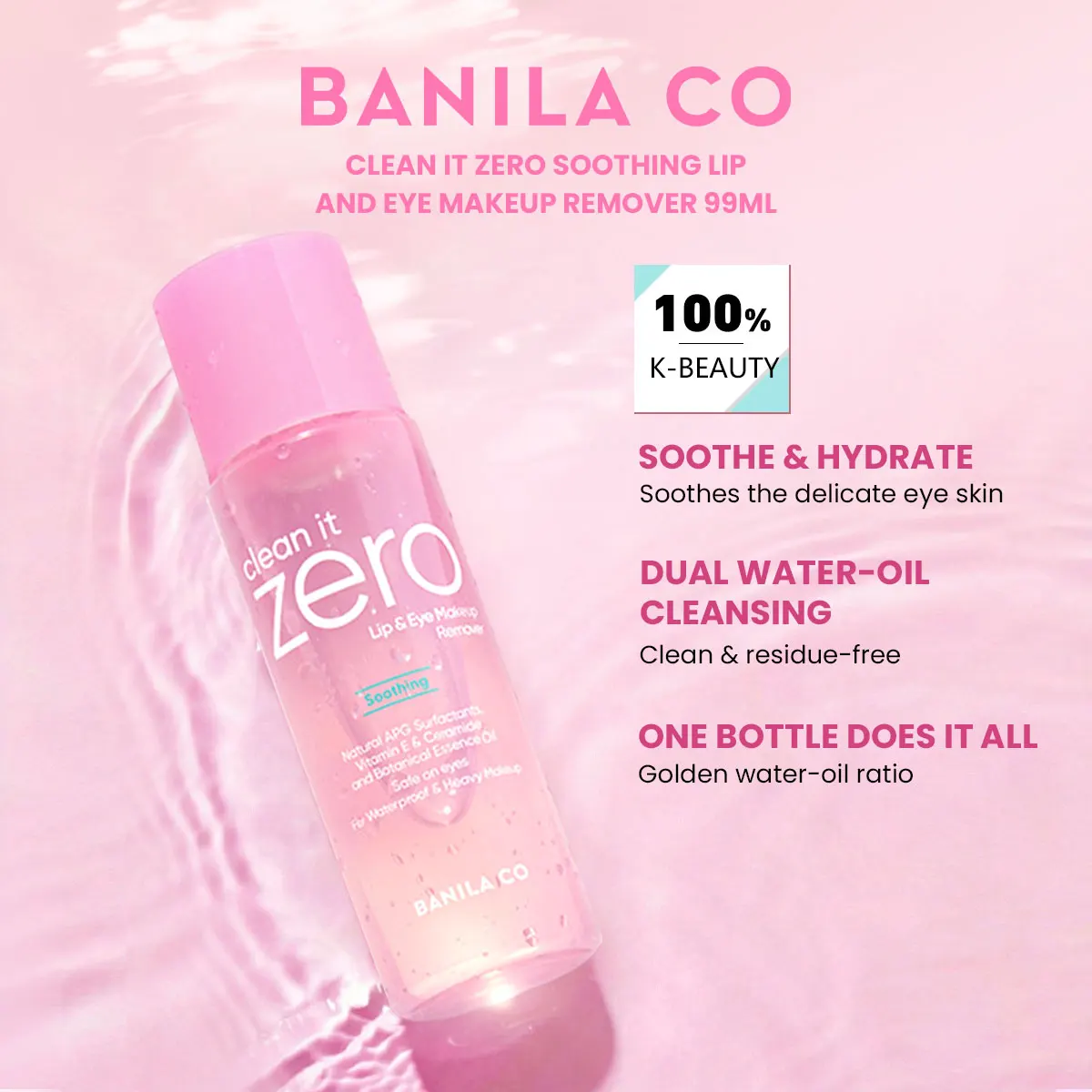 BANILA CO Clean it Zero Soothing Lip&Eye Makeup Remover 99ml,Deep Cleansing,Gentle Non-Irritating,K-Beauty,Korean Makeup
