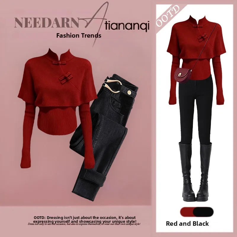 

Spring New Chinese Sle National Trend Set Red Knitted Sweater awl High Waist Slimming Skirt Tee Piece Set Women