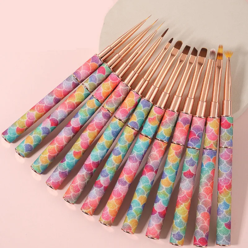 1/12PCS Rainbow Gradient Nail Art Brush Gradient Nail Brush Line Painting Brushes Nails Crystal Acrylic Liner Drawing