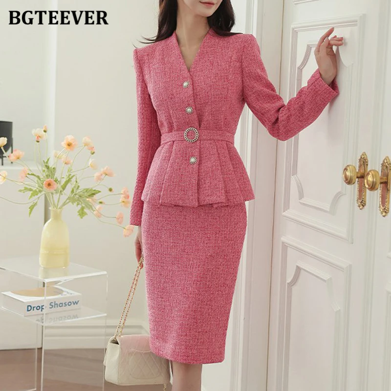 BGTEEVER Chic Elegant Slim Women 2 Pieces Skirt Set Long Sleeve Belted Single-breasted Jackets & High Waist Package Hip Skirts