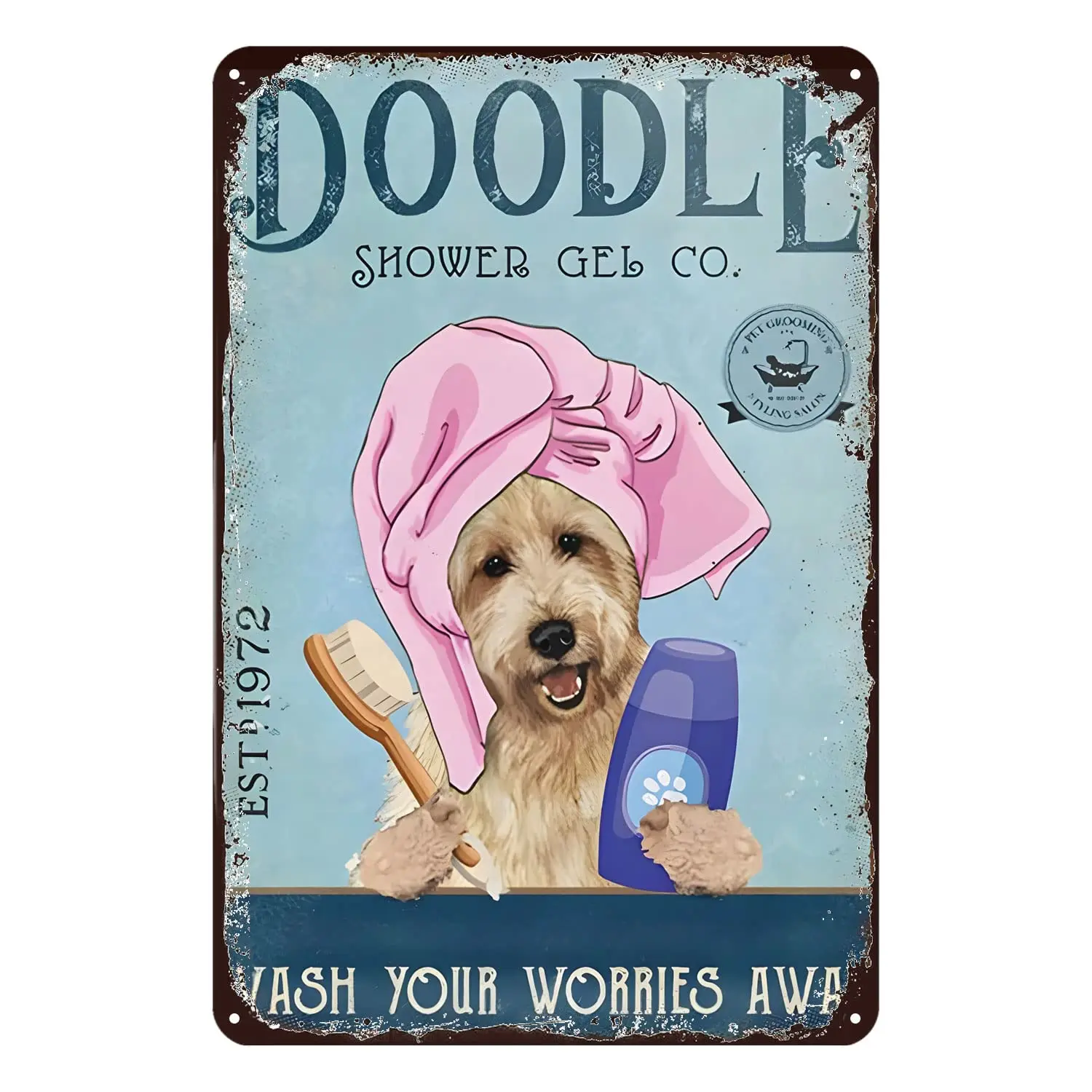 Aenaon Metal Sign Goldendoodle Dog Shower Gel Tin Sign Vintage Wall Decor Home Bar Cafe Garage Cave Decor Sign 8x12 Inches