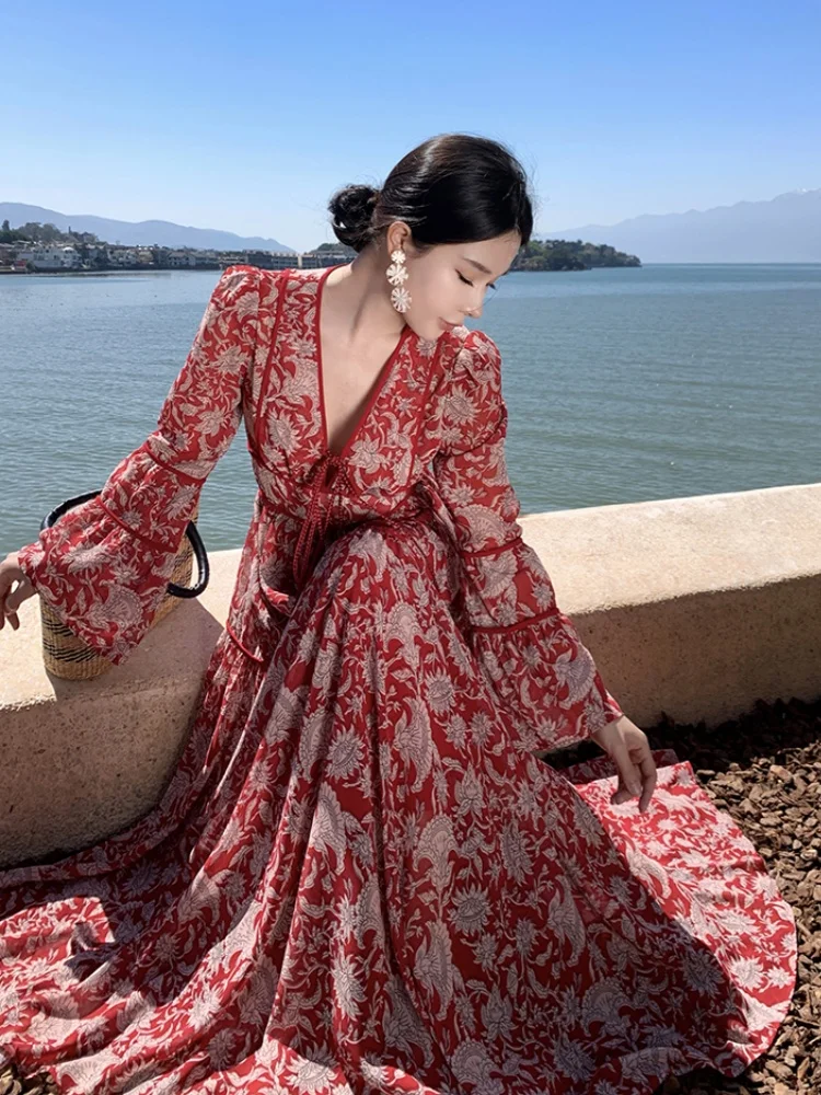 High-End Temperament Ethnic Style Red Printed Dress French Slim Waist  Women's Summer Long Dresses 2025 New Female Clothing