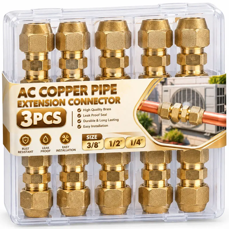 3/1PCS Air Conditioner Copper Pipe Fitting Brass Compression Coupler Connector for Refrigeration Pipeline Household Installation