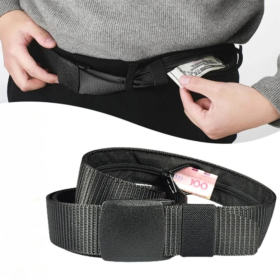 Travel Cash Anti Theft Belt,Outdoor Safety Hidding Money Pants Belt with Zipper for Men Male Use,Nylon Secret Pocket Waist Strap