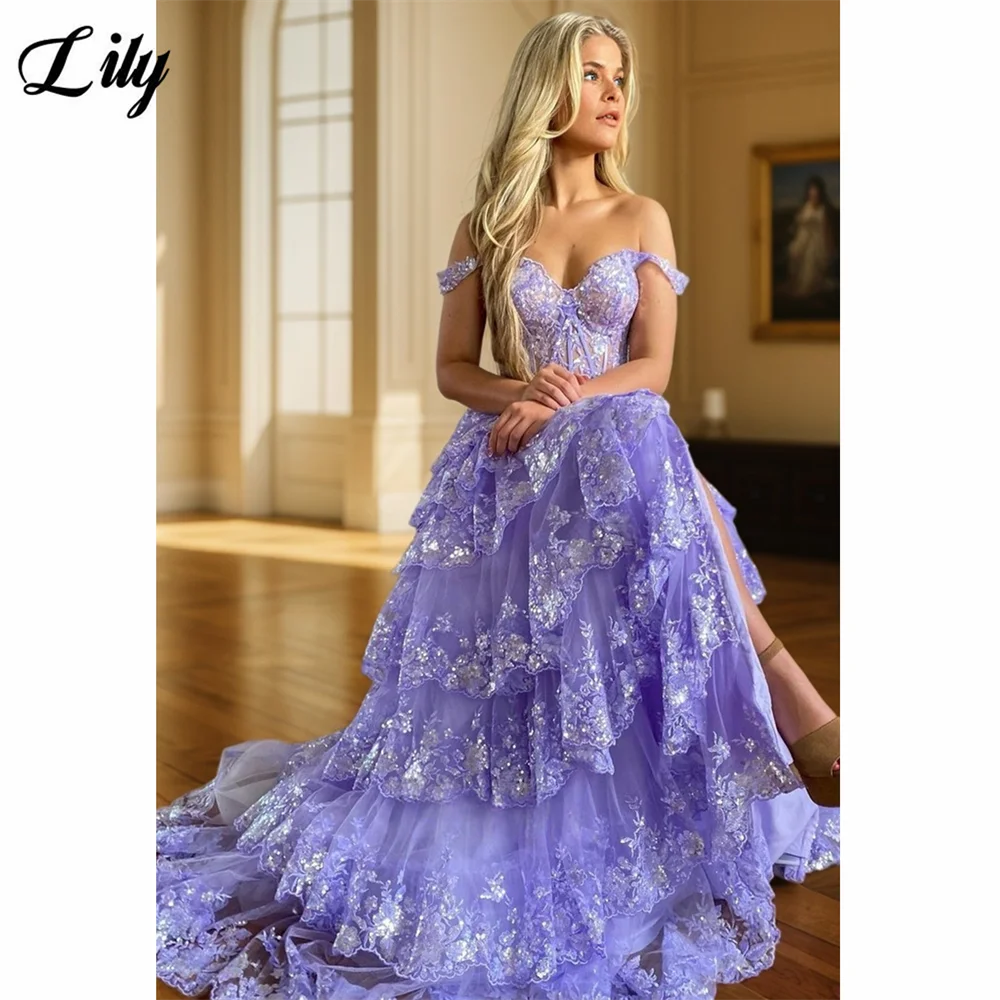 Lily-vestido Formal elegante negro, apliques de tul con hombros descubiertos, vestidos de graduación con abertura lateral alta, vestidos en capas para graduación personalizados