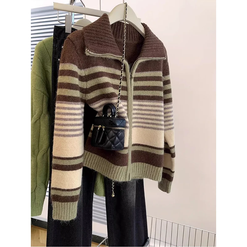 

Zipper Striped Knitted Cardigan Jacket Women's Lazy Style Loose Short Sweater Casual Versatile Long Sleeve Top
