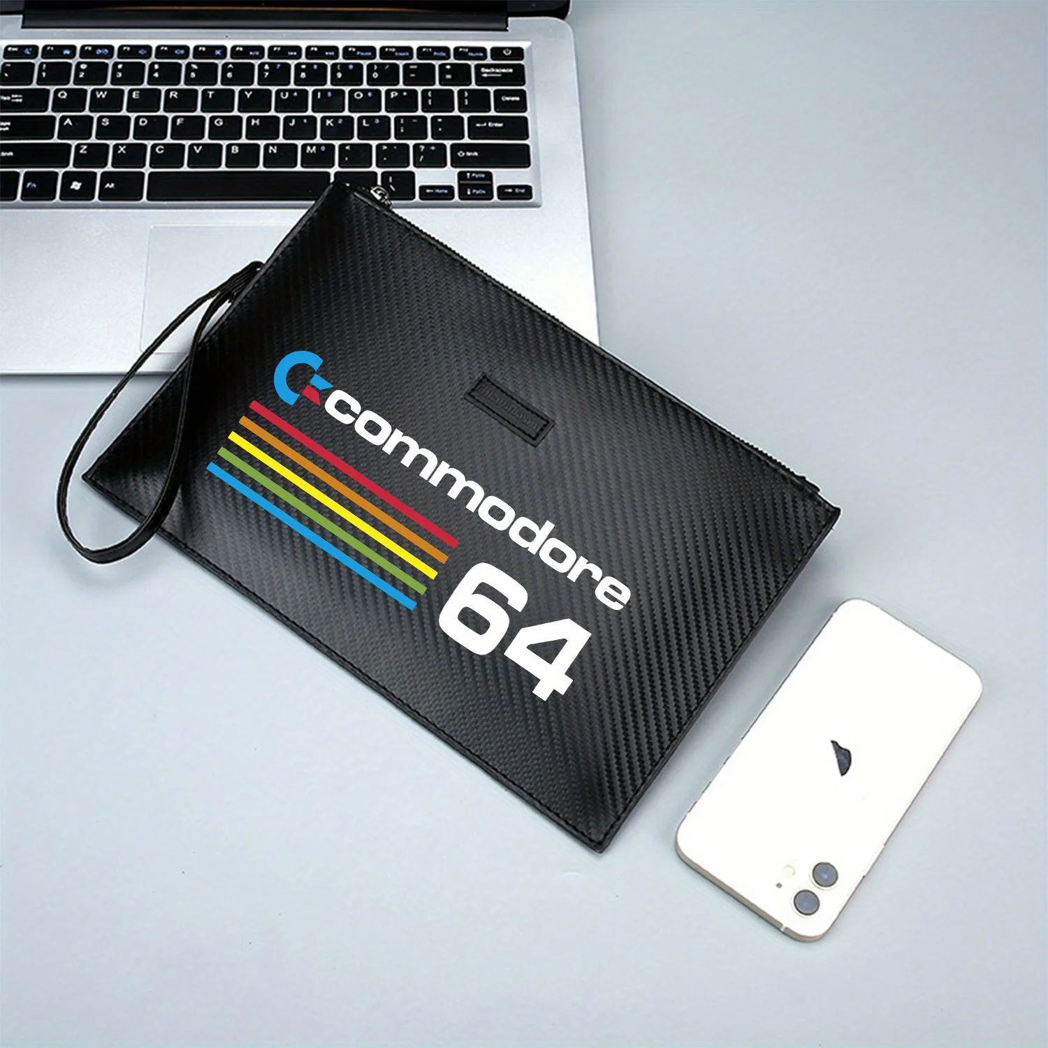 Logo Commodore garis-garis warna-warni angka putih Tas Tangan Pria PU Cetak Elegan Modis dan Praktis untuk Dibawa Sehari-hari