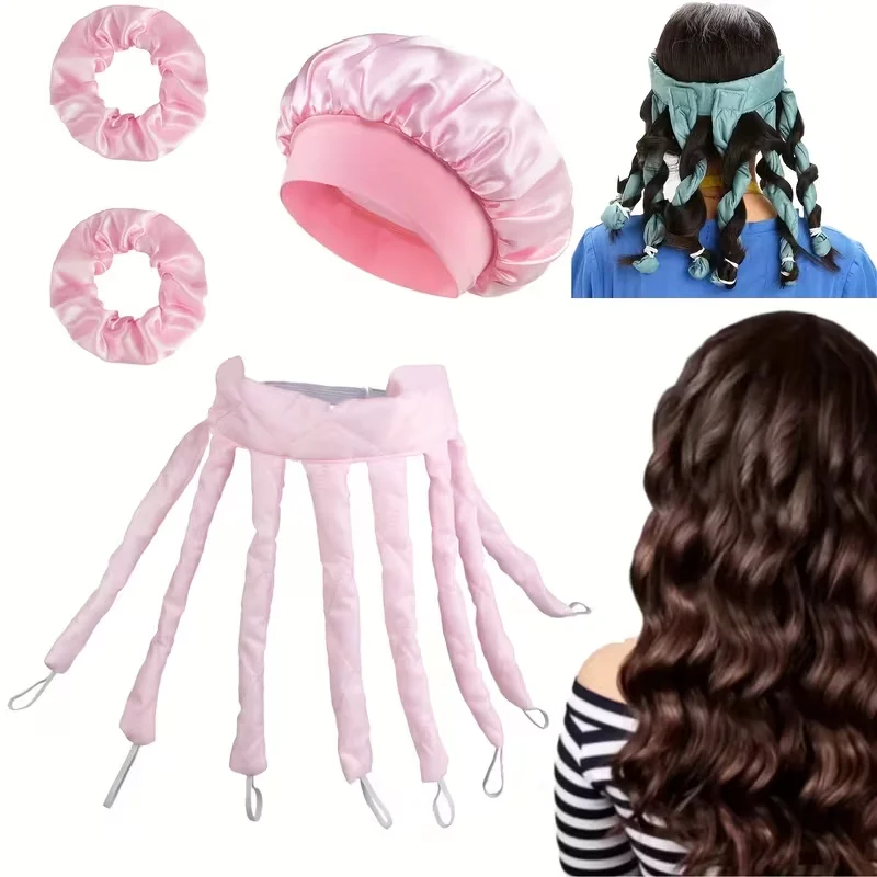 4 piezas de rizadores de pelo sin calentar para mujer, 2 juegos de bandas para el cabello de satén, 1 gorro de dormir de satén y 1 rizador de pelo sin calentar