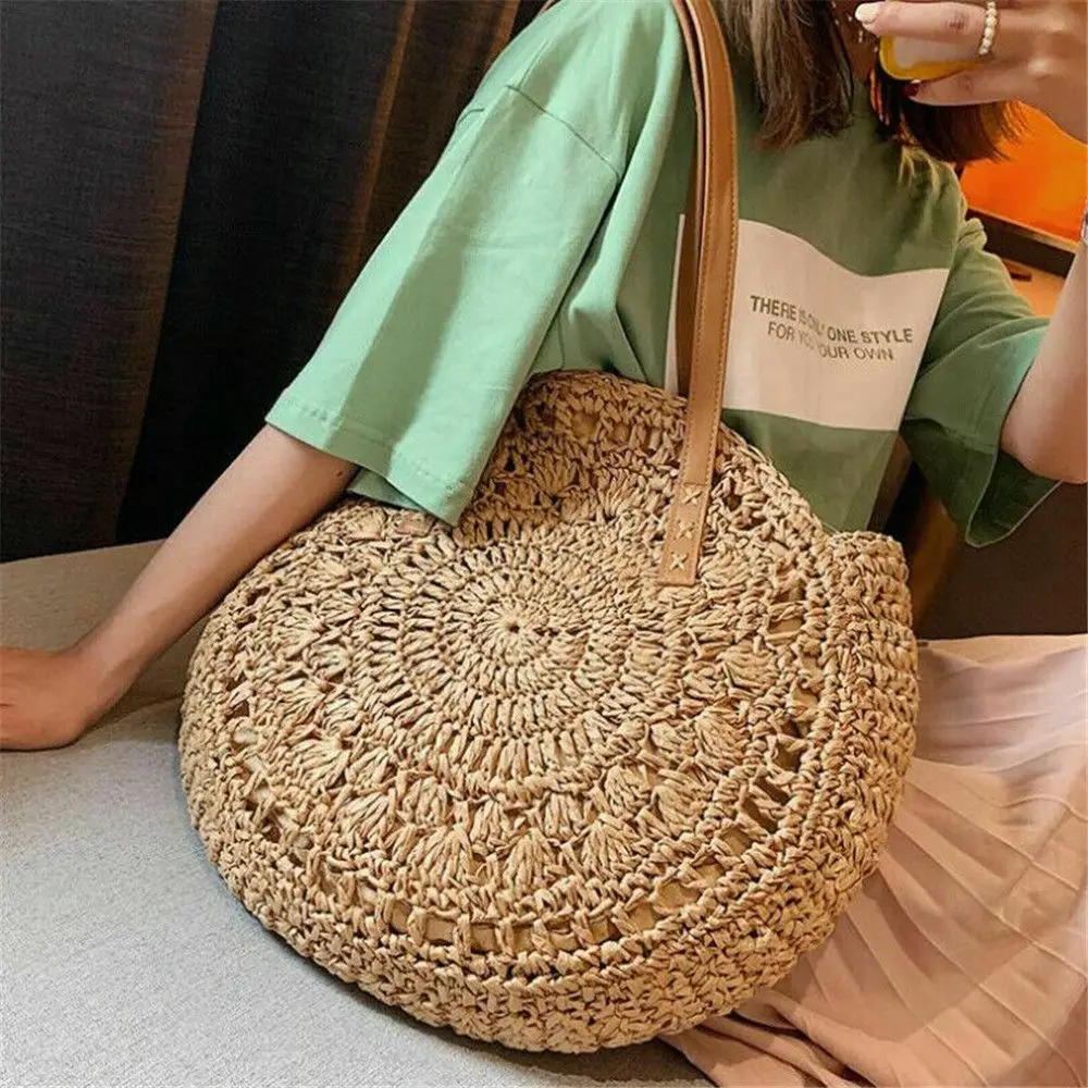 Straw Bag Women Hand-Woven Handbag Round Shape Rattan Bag Big Capacity Drawstring Casual Beach Shoulder Crossbody Bag