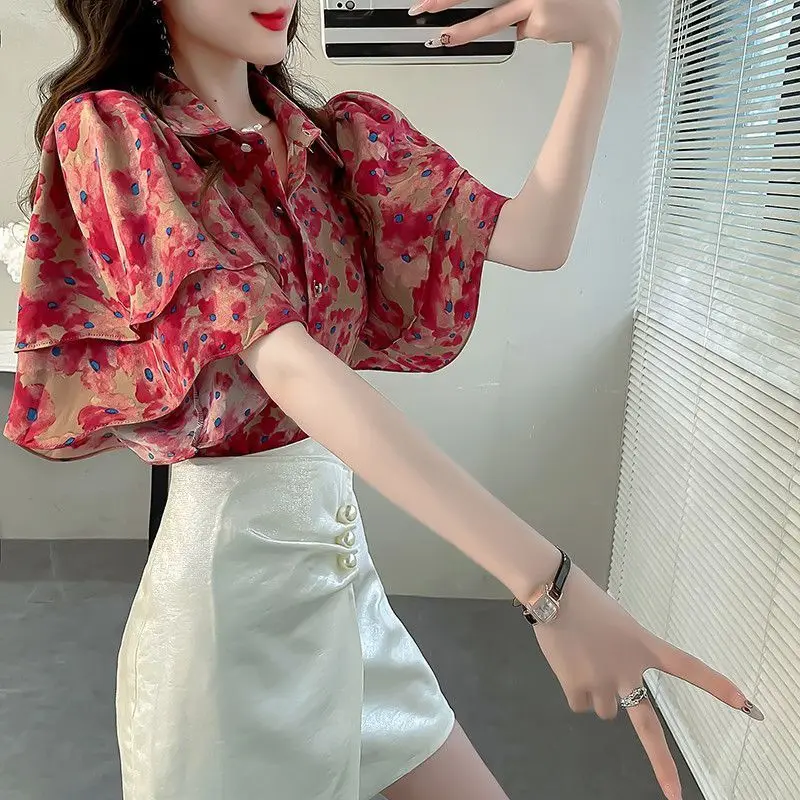 Chinese Style Summer Women\'s 2024 New Patchwork Polo Collar Button Printing Ruffles Fashion Loose Short Sleeved Blouses Shirts