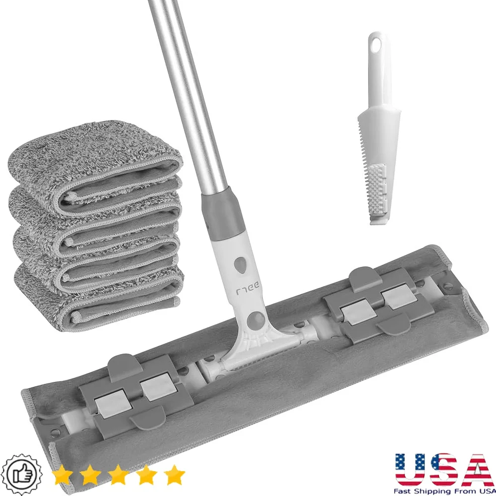 

15,7-дюймовая швабра для пола из микрофибры, профессиональный набор для чистки с регулируемой ручкой из нержавеющей стали и 4 многоразовыми подушечками для швабры