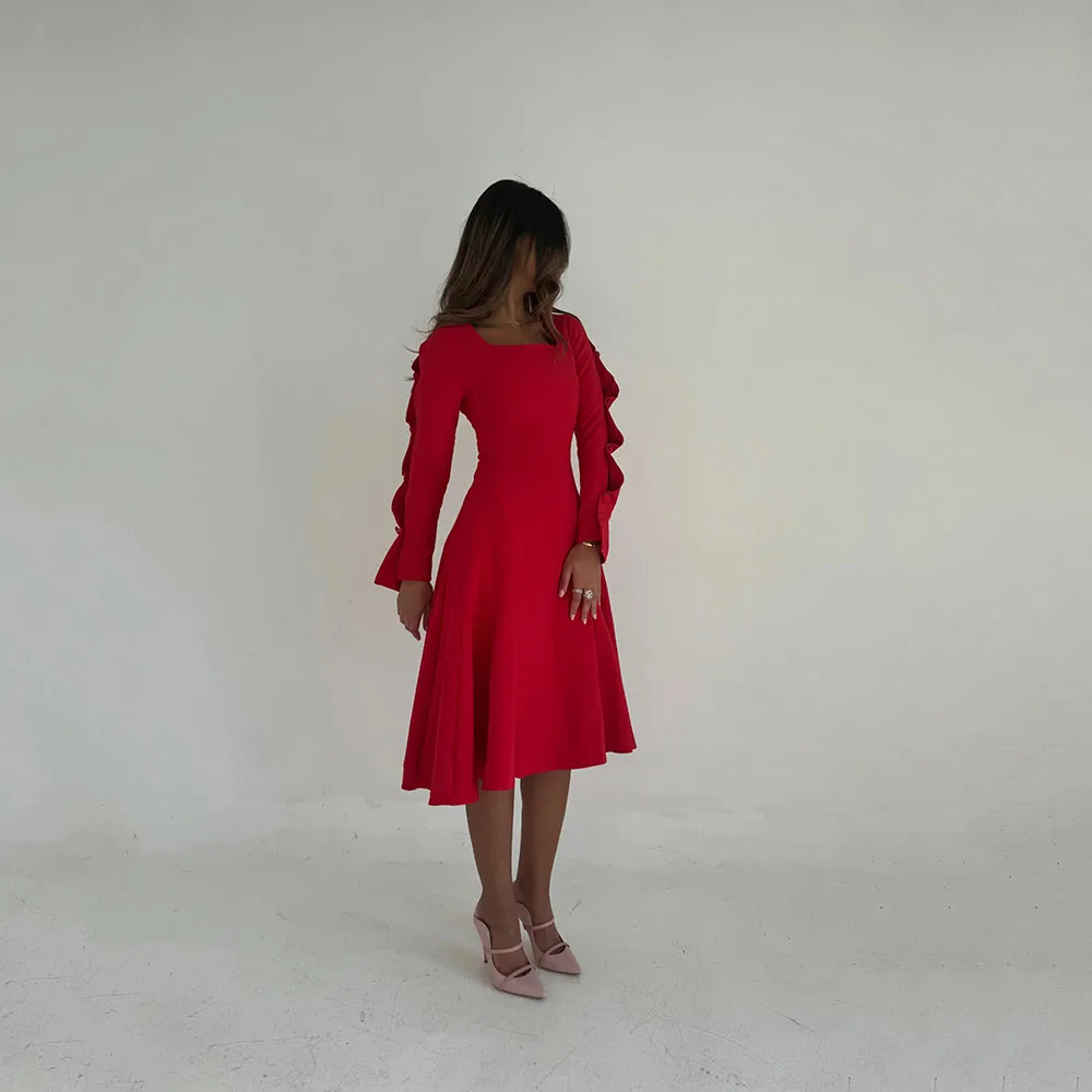 

Red Prom Dress Simple Square Neck Long Sleeves Knee Length Dresses Evening A-line Pleat Jersey Party Dress Customized 2025