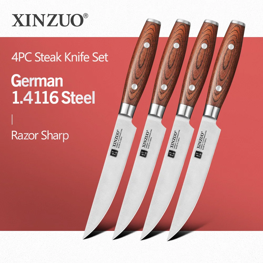 XINZUO 1PC/4PCS 5 Inch Steak Knife Kitchen Knife German 1.4116 Steel 56-58HRC Premium Pakka Wood Handle Durable Kitchen Tool