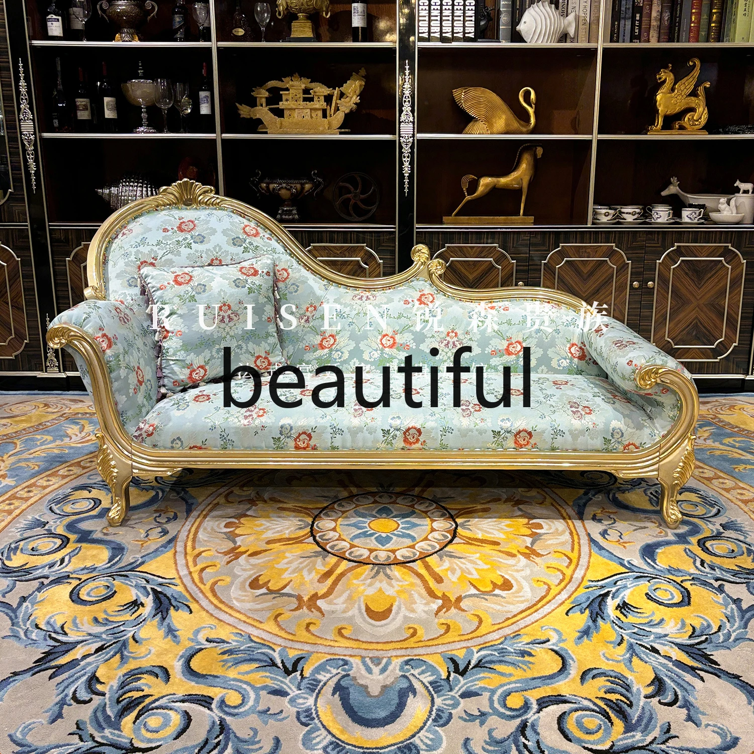French fabric chaise longue solid wood blue embroidery recliner lazy chair bedroom end pedal