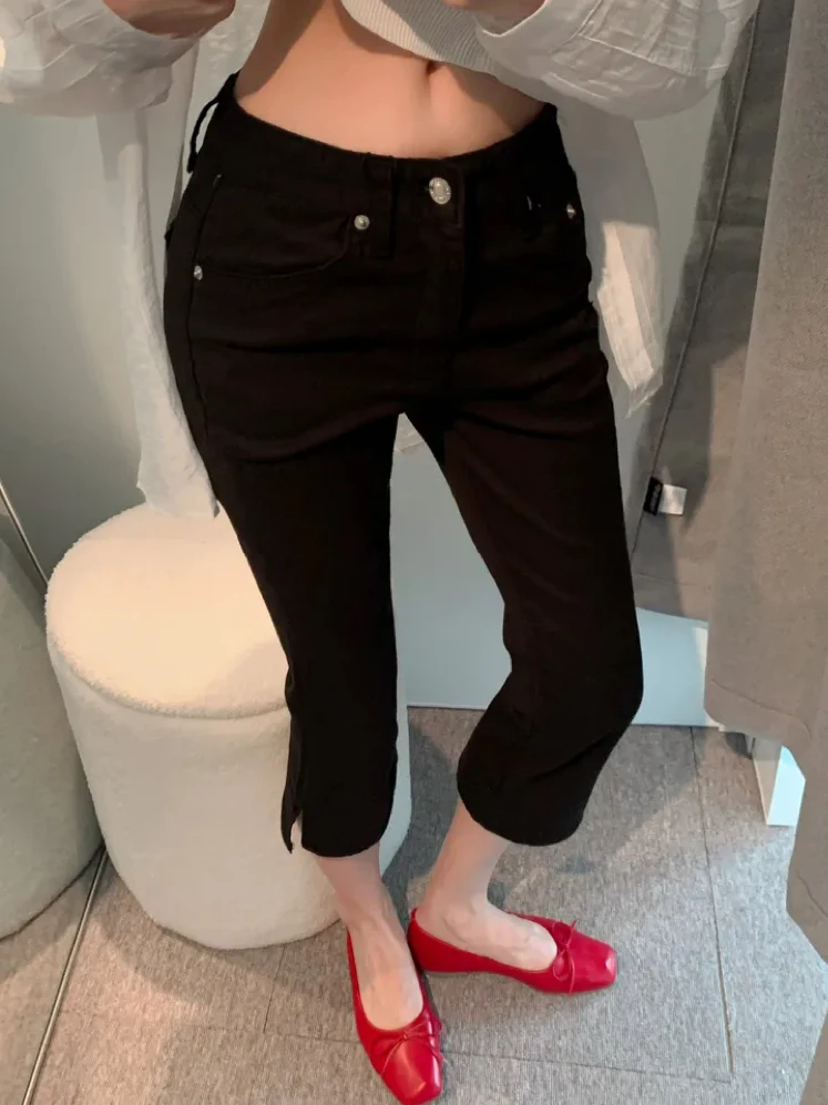 Capri Slimming Pants Comfortable Casual High Waist Denim Fabric mid Stretch High Waist Pants Lifting Butt Split Wide Hip Seve...