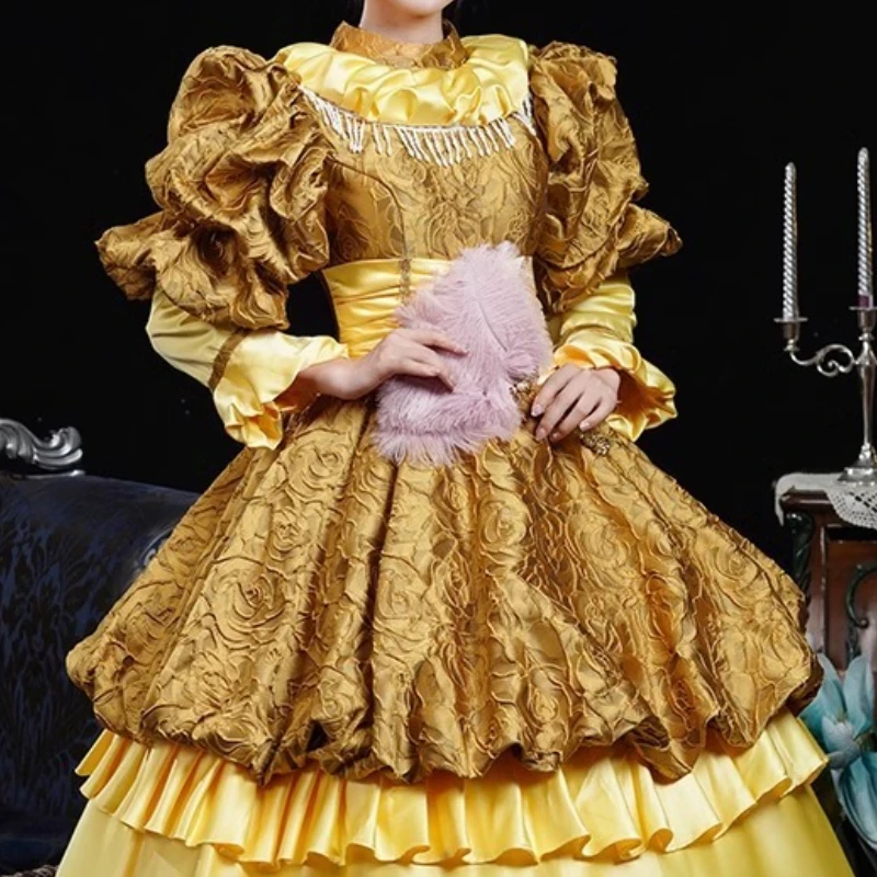 겨울 중세 유럽 귀족 클래식 드레스 노란색 코트 스타일 드라마 Catwalk 메이크업 파티 의상 Vestidos De Flamenca