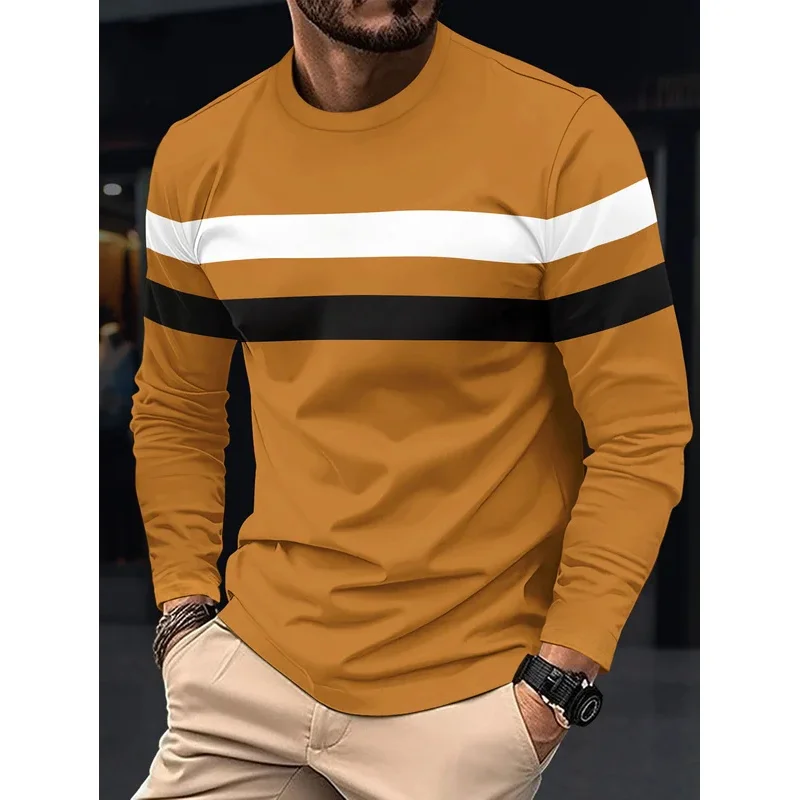 2025 الربيع والخريف موضة الرجال كم طويل الرقبة المستديرة الربط تي شيرت الأعمال المضادة للتجاعيد الشارع ارتداء رداء علوي غير رسمي