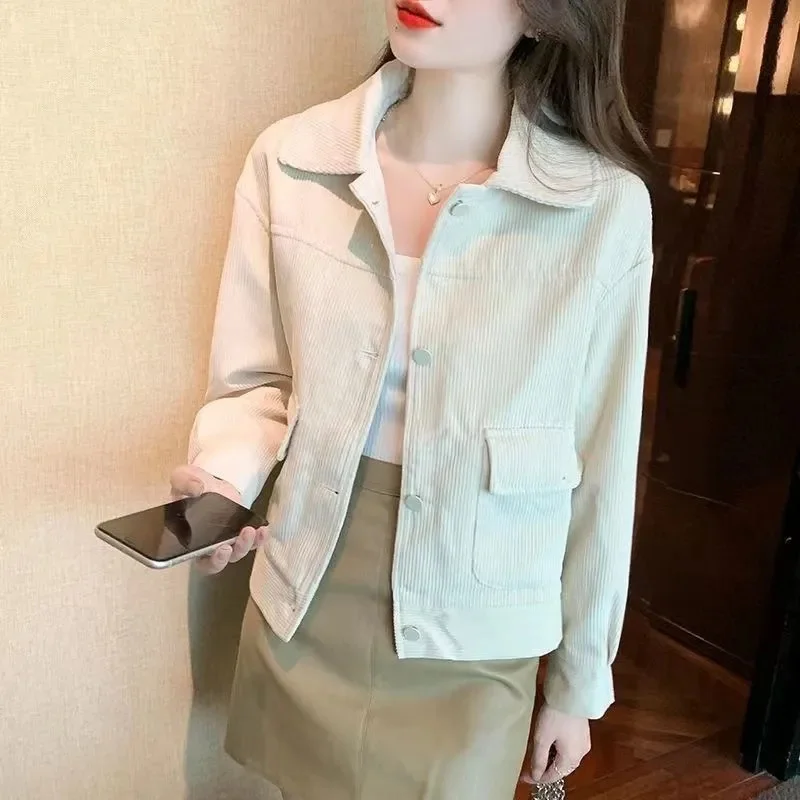 Spring Autumn Short Corduroy Jacket 2024 New POLO Collar Casual Women's Clothes Outeawer Solid Colour Fashion Pocket Coat Female